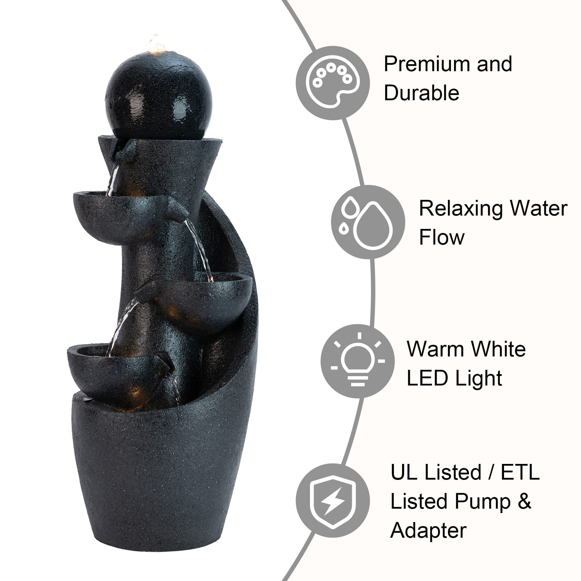 Glitzhome® 33.5" Modern LED 5-Tier Bowl and Sphere Polyresin Outdoor Fountain